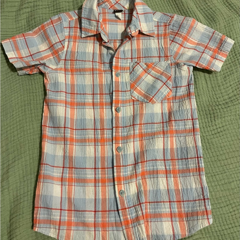 Tea Collection Blue and Orange Button Down Shirt Casual Plaid